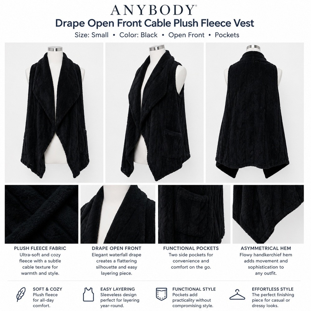 AnyBody‎ Womens Small Drape Open Front Cable Plush Fleece Vest Black A620221
